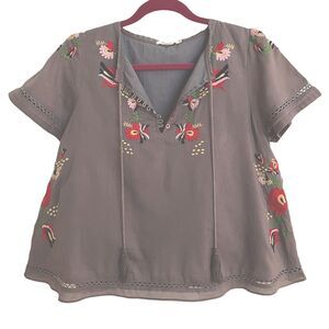 Tularosa Revolve Sz S Embroidered Boho Gray with Tassel Peasant Top Blouse Swing